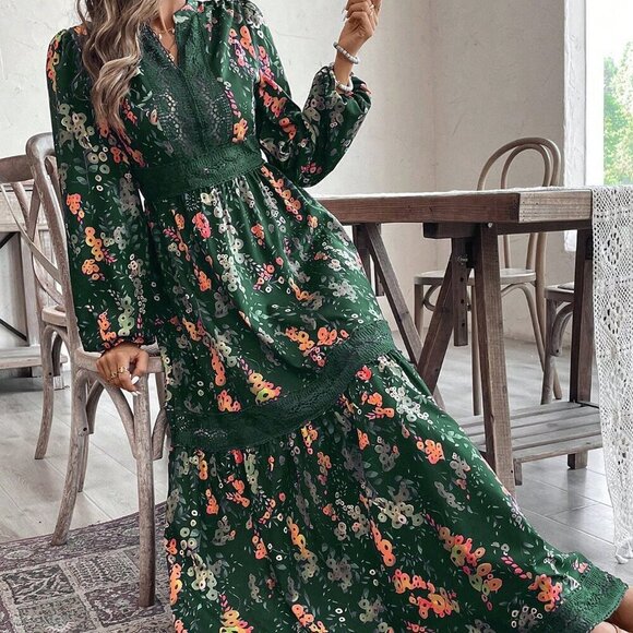 Green Boho Elegant Women's Floral Lace Trim Maxi Dress